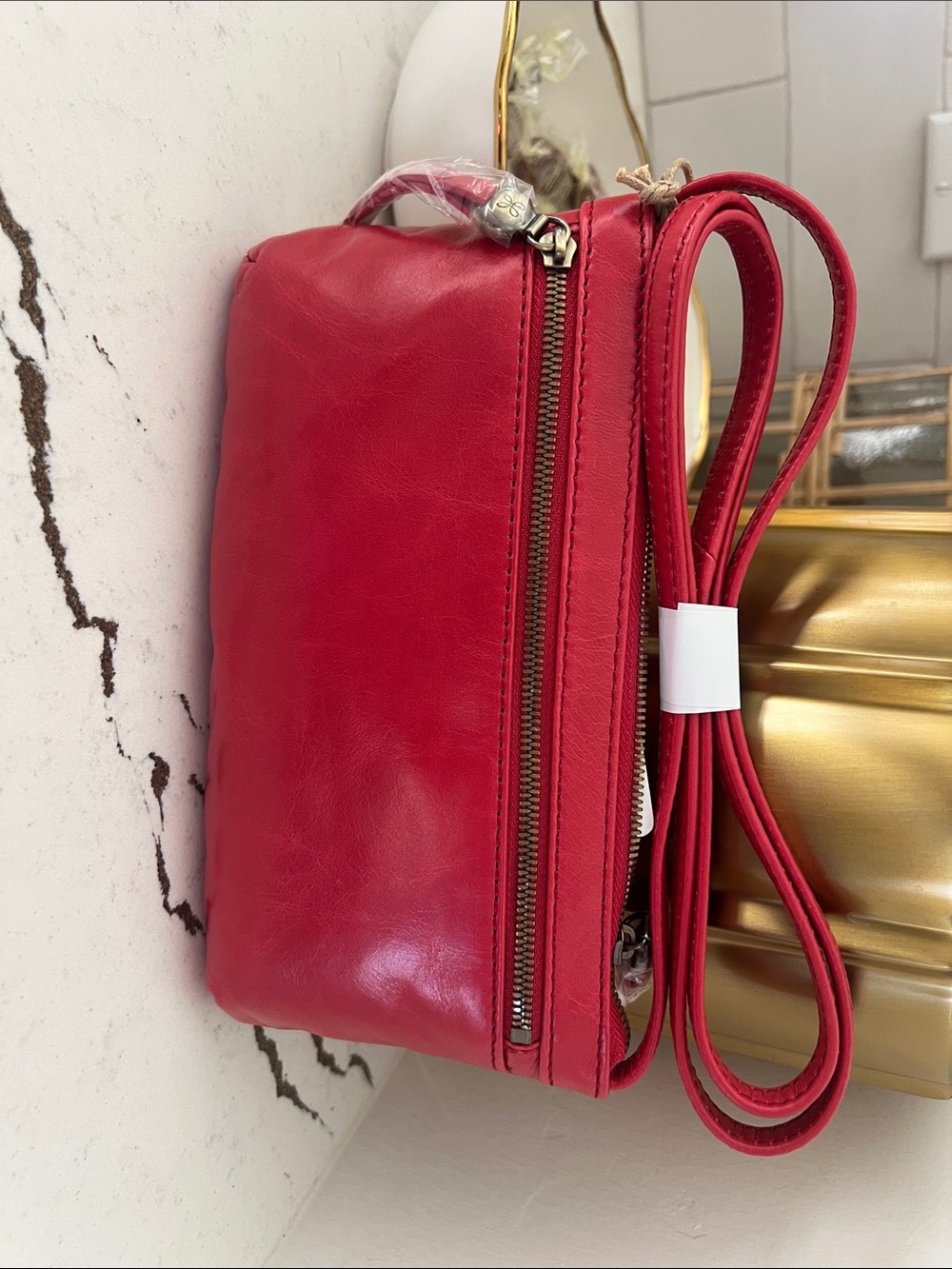 HOBO Red Leather Crossbody with Zip Front Pocket and Adjustable Strap